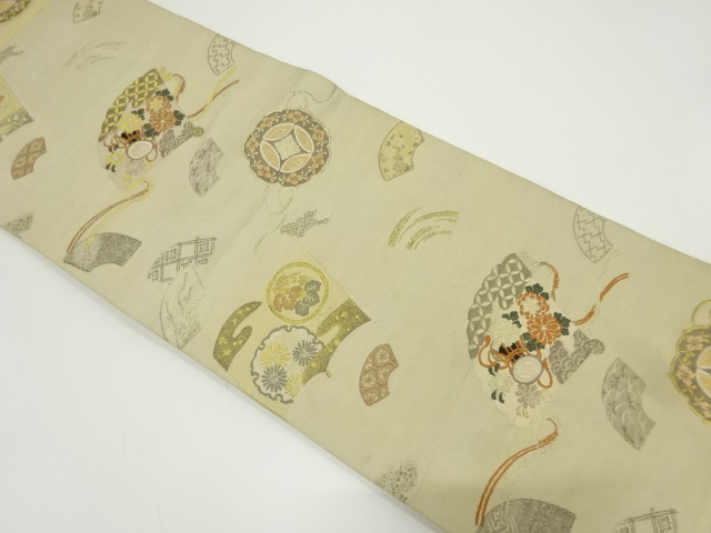 JAPANESE KIMONO / ANTIQUE MARU OBI / SILK / WOVEN DRUM & KIKU WITH FAN